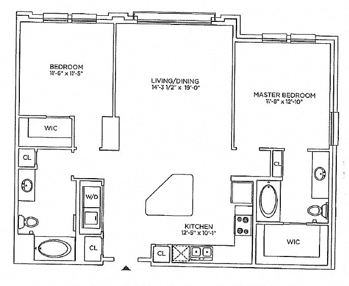 Floor plan for 2 beds, 2 baths, 1142 sqft